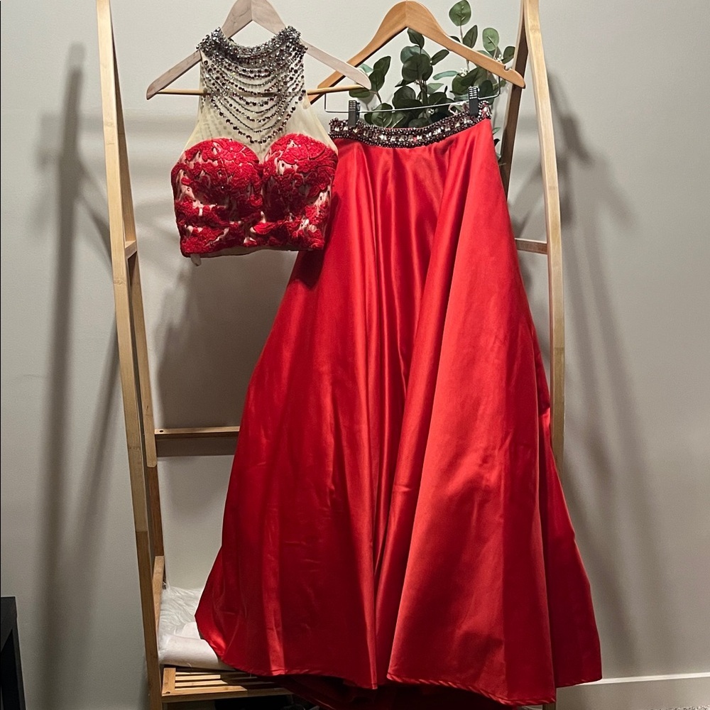 Ponoply Red Two-Piece Gown with Beaded Top